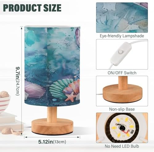 ALAZA Mermaid Starfish Seashell Watercolor Blue Decor Bedside Table Lamp with USB Port for Bedroom Nightstand Office Desk LED Bulb Included