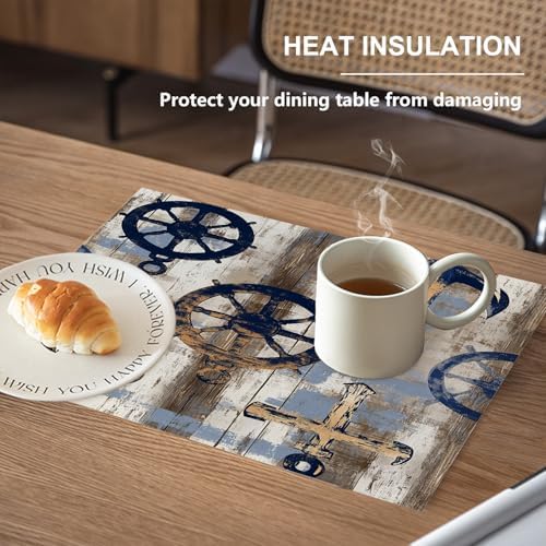 Seafaring Maritime Elements Linen Placemats, Ocean Inspired Coastal Vibes Table Mats for Table Washable Heat Insulation Thick Dining Mat, Indoor/Outdoor 12X18 in 4 Pcs
