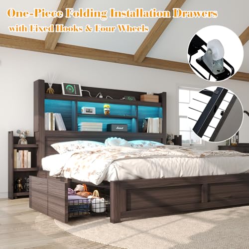 King Size Bed Frame with Bookcase Headboard & Storage, Black