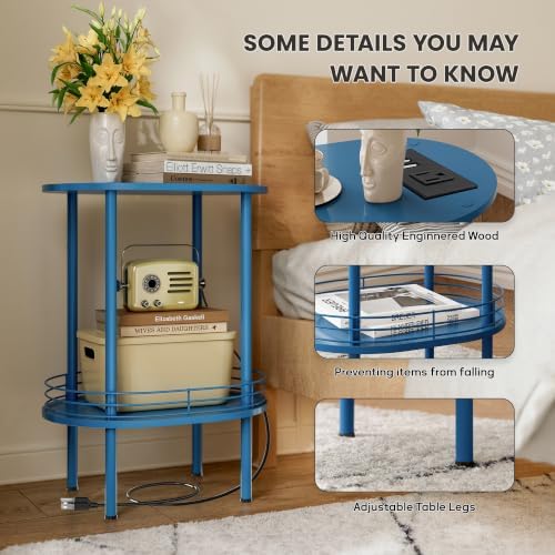 Small Oval Side Table with Charging Station, 2-Tier Blue Round End Table