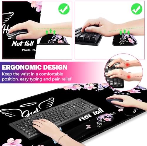 ARTSO Large Mouse Pad Keyboard Wrist Rest Support Combo, Memory Foam Wrist Pad, Extended Desk Mat Protector, God is Within Her Desk Blotter, Psalm Flower Butterfly
