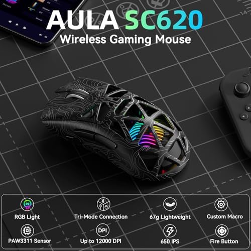 Aula SC620 Wireless Gaming Mouse, Tri-Mode 2.4GHz/USB-C/BT5.3 Computer Mouse with 12000 DPI, Programmable Macro Gamer Mouse with Rapid Fire Key, RGB Light Gaming Mice for PC/Laptop/Mac