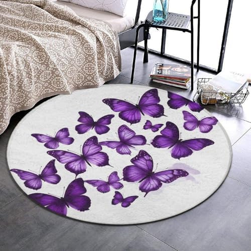 Women's Large Home Decor Mat, Soft Round Yoga Carpet, Non Slip Machine Washable Home Office Circle Rug Purple Butterfly