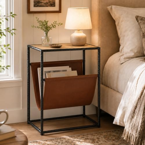 Narrow Side Table with Leather Storage Holder Black End Table
