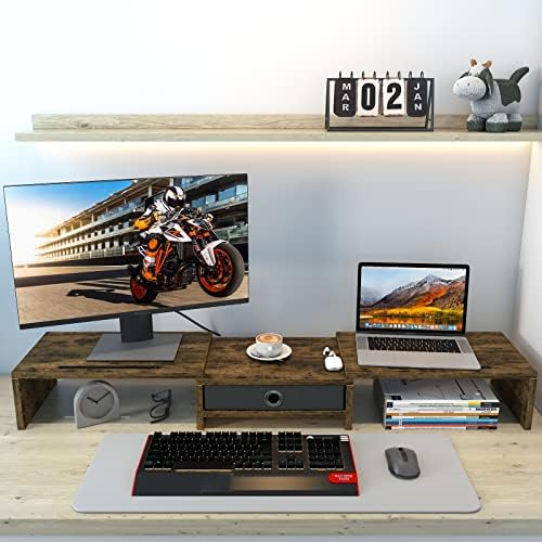 WESTREE Dual Monitor Stand Riser with Drawer, 3 Shelf Computer Monitor Riser with Adjustable Length and Angle, Desktop Monitor Stand Riser Storage Organizer for 2 Monitors