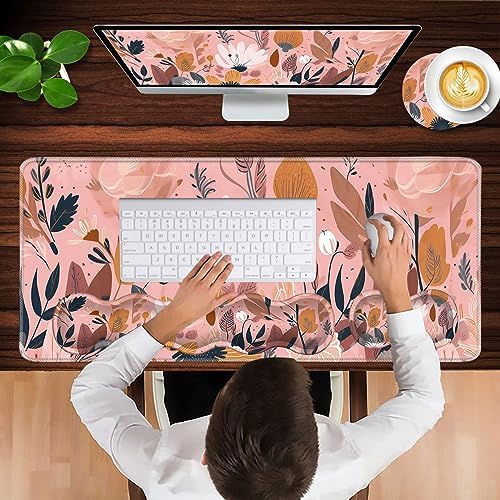 Keyboard Wrist Rest and Mouse Pad with Wrist Support Set Ergonomic Coaster,Memory Foam,Easy Typing Pain Relief,Large XL Desk Mat 31.5"x 11.8",Pink Floral