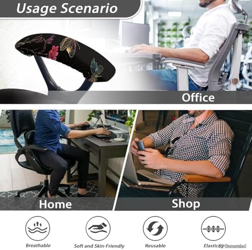 Butterfly Flower Print Office Chair Arm Covers, 2 Pack Dust-Proof Chair Arm Rest Covers Washable, Comfort Elastic Office Chair Armrest Slipcovers for Rotating Chairs