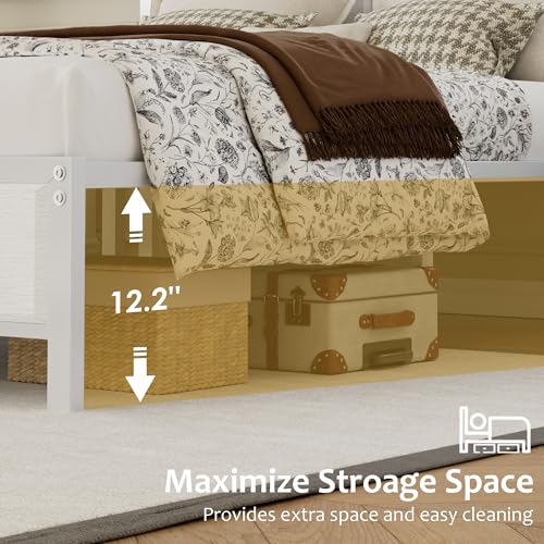 Queen Size Bed Frame with Headboard, Heavy-Duty Metal Platform Bedframe & Wood-Grain Finish Board, No Box Spring Needed, Easy Assembly, White