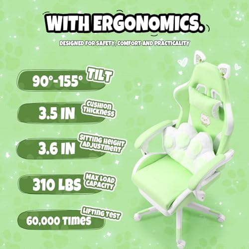 Gaming Chair, Cute Cat Gaming Chairs with Paw Lumbar Cushion for Girls, Video Gamer Chair with Footrest for Girl Teen Woman (Green-A)