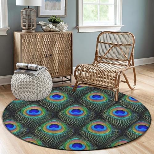 Large Machine Washable Circular Rugs, Home Decor Round Mat for Living Room Sofa Office Peacock Feathers