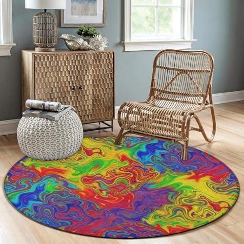 Large Round Area Rug Home Decor Modern Bathroom Rug Kitchen Office Circle Rug for Living Room Sofa Circle Cute Mat Rainbow Neon Watercolors