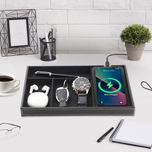 Valet Tray with Wireless Charging, All in one Nightstand Organizer for Men