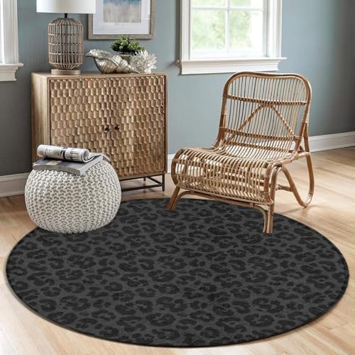 Room Sofa Yoga Soft Round Carpet, Home Decor Non Slip Kitchen Office Circle Rug, Machine Washable Modern Round Area Rug Dark Gray Leopard Cheetah Print Black