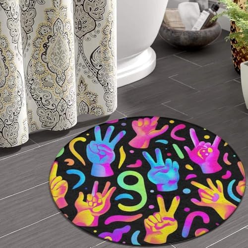 Large Machine Washable Circular Rugs, Home Decor Round Mat for Living Room Sofa Office Trippy Neon Hands