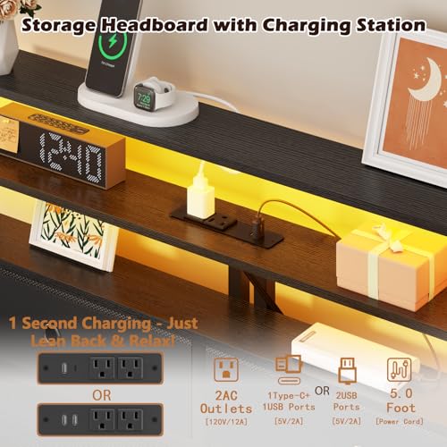 Twin Bed Frames with Charging Station and LED Lights, Black Oak