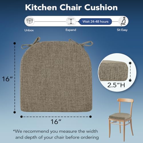 Chair Cushions for Dining Chairs, Non Slip Chair Pads with Ties and Washable Covers, Memory Foam Kitchen Chair Cushions Set of 8, 16"X16"X2.5", Khaki
