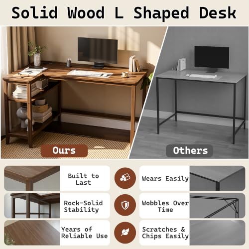47 Inch L Shaped Computer Desk with Solid Wood Frame & Power Outlets