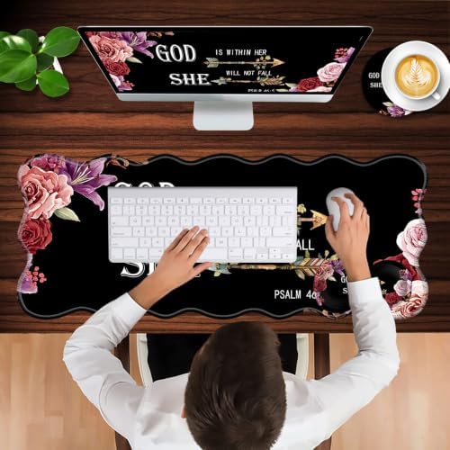 Mouse Pad with Wrist Support + Desk Mat + Coaster 3 in 1 Set, XL Large Gaming Mousepad Ergonomic Mouse Pads for Desk Computer Laptop Office,Flower Bible Verse Psalm 46-5