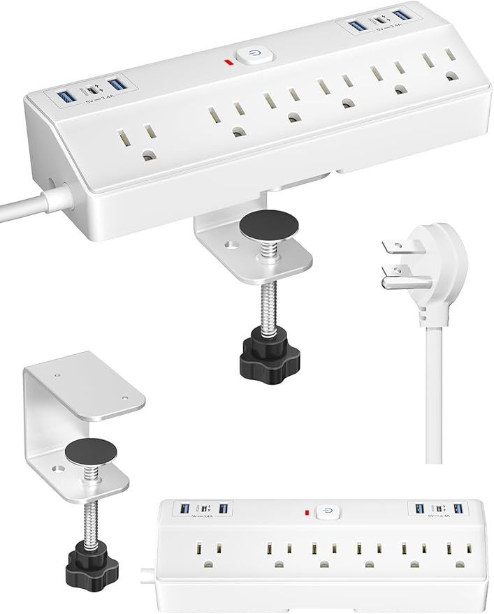 Desk Clamp Power Strip, 40W Fast Charging Station, Desktop Mount Surge Protect with 6 Outlets 6USB Ports (2USB C), Removable Power Strip Fits 1.8" Tabletop Edge, 10Ft Extension Cord for Home Office
