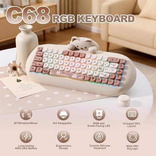YUNZII C68 Wireless Mechanical Keyboard,65% Layout,Hot Swap,Triple Mode BT5.0/2.4G/Wired, RGB Backlit NKRO,Cute Cat Silicone Ergonomic Design for Win/Mac (Brown, Milk Switch)