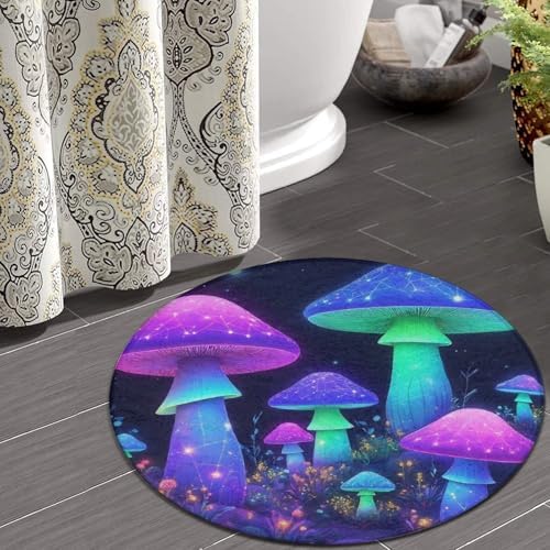 Men's Large Home Decor Mat, Soft Round Yoga Carpet, Non Slip Machine Washable Home Office Circle Rug Neon Mushrooms