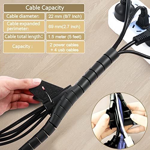 PC Cable Management Sleeve Tube Desk Cord Organizer 2 PCS Black, 7/8 inch -5 ft Cover Wrap Easy to Install Messy Wire Solution for TV Office Computer, Pet Chew and Bite Proof Cable Protector