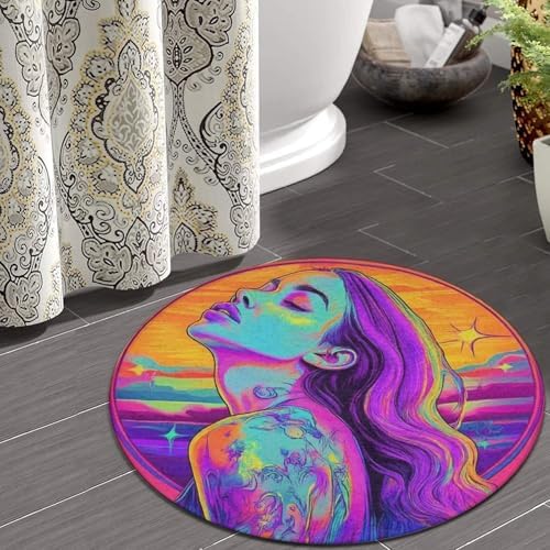 Home Decor Non Slip Kitchen Office Circle Rug, Machine Washable Modern Round Area Rug, Room Sofa Yoga Soft Round Carpet Trippy Cool Girl Art, 60inch