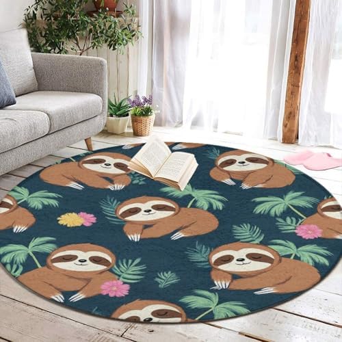 Fashion Round Area Rug Large Non Slip Carpet, Cute Sloths Unisex Home Decor Mat
