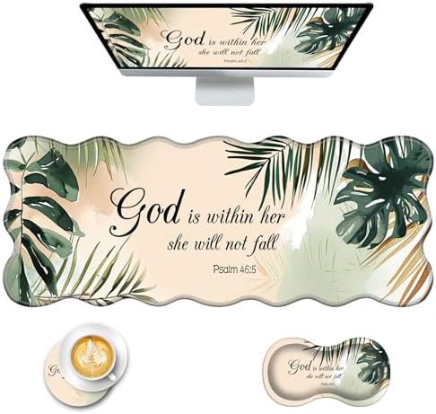 Mouse Pad with Wrist Support + Desk Mat + Coaster 3 in 1 Set, XL Large Gaming Mousepad Ergonomic Mouse Pads for Desk Computer Laptop Office,Matcha Green Plant Abstract Bible Verse Psalm 46-5