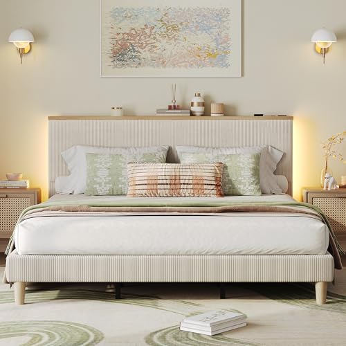 King Bed Frame with Storage Headboard & LED, Upholstered, Beige