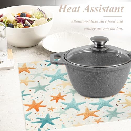 Shrahala Starfish Pattern Set of 8 12 X 18 Inch Linen Placemats, Sea Themed Illustration Burlap Table Mat Washable Double Layered Heat Insulation for Indoor/Outdoor