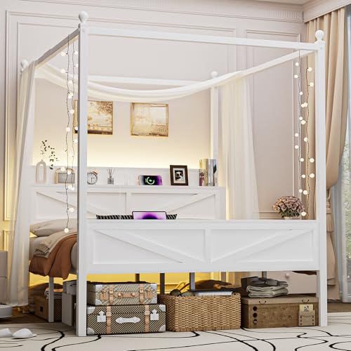 Queen Size Canopy Bed Frame with Barn Door Storage Headboard, Beige