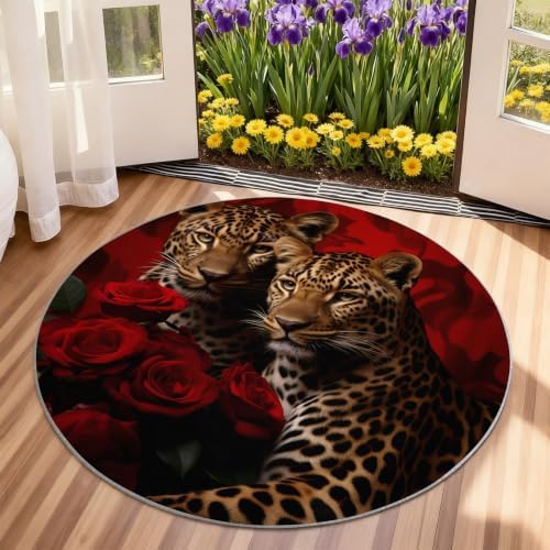 Leopard Round Rug - 6ft Washable Cheetah Print Round Area Rug for Living Room, Animal Floral Circle Rugs Soft Non-Slip Carpet for Bedroom Dining Table Decor Mat