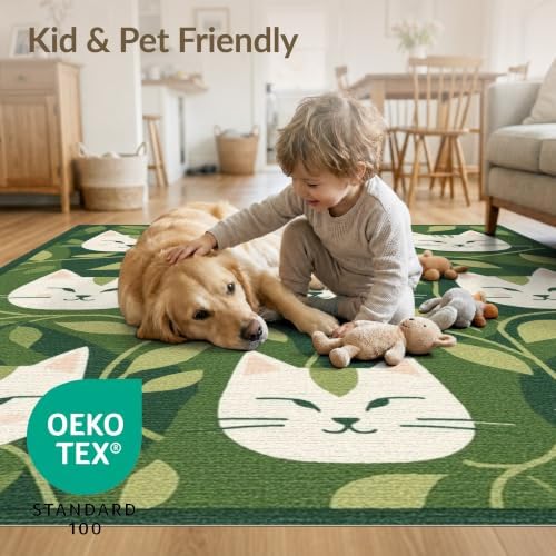 4'x6' Green Cat Forest Faces Interlinked by Washable Area Rug