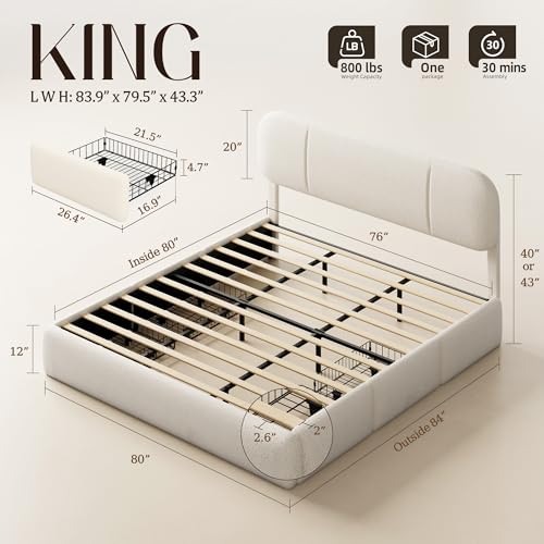 King Size Cloud Bed Frame with LED & 4 Drawers, Beige