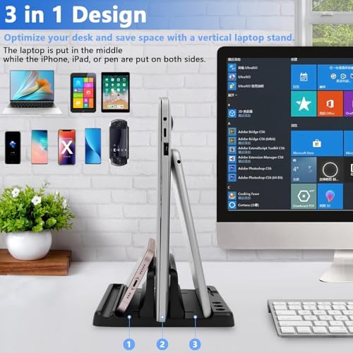 Vertical Laptop Stand Holder, ABS Organizer with Adjustable Dock, 3/4 in 1 Design Extra Storage Space-Saving, Sturdy Laptop Computer Holder for PC, MacBook, Mini PC, iPad (Black, 1 Slot)