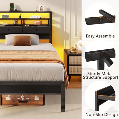 Twin Bed Frames with Charging Station and LED Lights, Black Oak