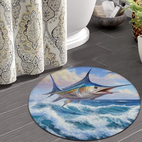 Large Round Area Rug Home Decor Modern Bathroom Rug Kitchen Office Circle Rug for Living Room Sofa Circle Cute Mat Whimsical Fish Painting, 60inch