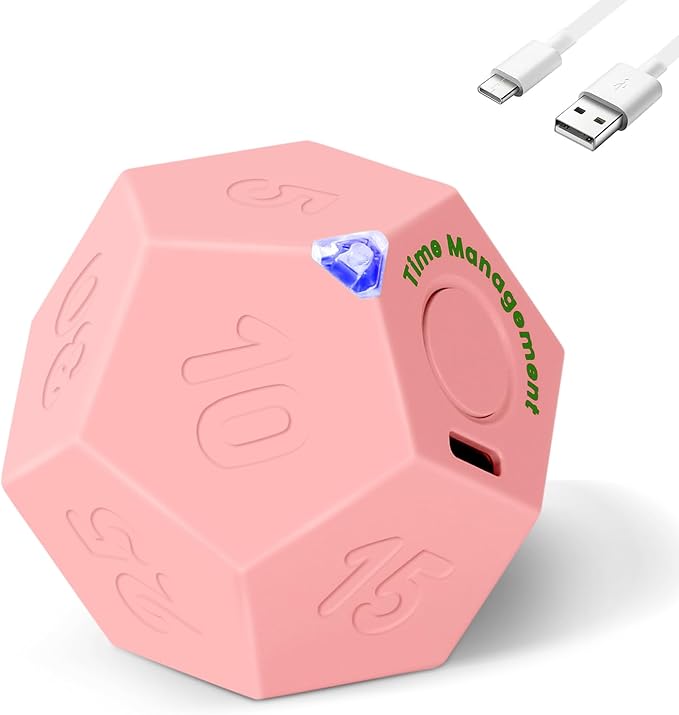 Pomodoro Timer, 11 Preset Time Productivity Timer, Ring/Vibrate Mode Productivity Cube, Type C Rechargeable Kitchen Cooking Timer for Cooking, Learning, Exercise and Beauty-Pink