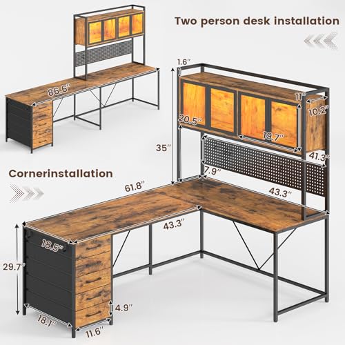 L Shaped Gaming Corner Desk with Drawers, Hutch and Storage Shelves