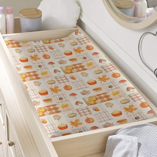 Autumn Pumpkin Leaves Mushroom Checkered Patchwork Pattern Baby Changing Pad Cover, Unisex Fall Winter Holiday Nursery Diaper Changing Table Pad Mat Sheet for Boys Girls-16x32