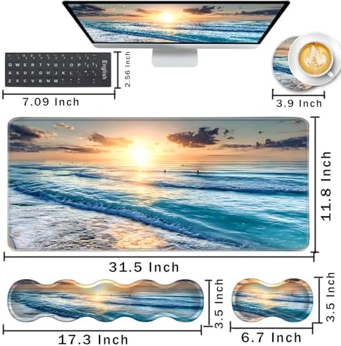 Keyboard Wrist Rest and Mouse Pad with Wrist Support Set Ergonomic Coaster,Memory Foam,Easy Typing Pain Relief,Large XL Desk Mat 31.5"x 11.8",Beach