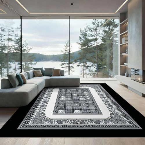 6'x9' Charcoal Gray Cat Motif with Vine Border Ultra-Soft Area Rug