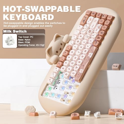 YUNZII C68 Wireless Mechanical Keyboard,65% Layout,Hot Swap,Triple Mode BT5.0/2.4G/Wired, RGB Backlit NKRO,Cute Cat Silicone Ergonomic Design for Win/Mac (Brown, Milk Switch)