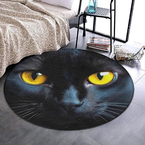 Large Home Decor Mat, Soft Round Yoga Carpet, Non Slip Machine Washable Home Office Circle Rug Black Cat