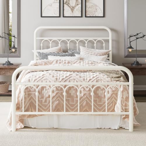 Full Size Metal Platform Bed Frame with Headboard, Cream
