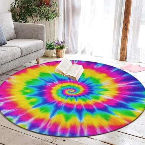 Fashion Round Area Rug Large Non Slip Carpet Unisex Home Decor Mat Red Blue Yellow Spiral Tie Dye Rainbow