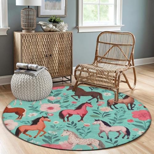 Fashion Round Area Rug Large Non Slip Carpet Unisex Home Decor Mat Floral Flowers Horses