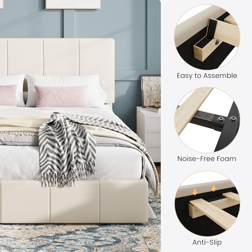 Queen Size Bed Frame, Velvet Upholstered Platform Bed, Cream