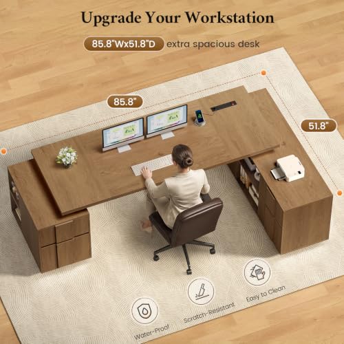 85.8" Large Executive Desk with Power Outlet, Ample Storage